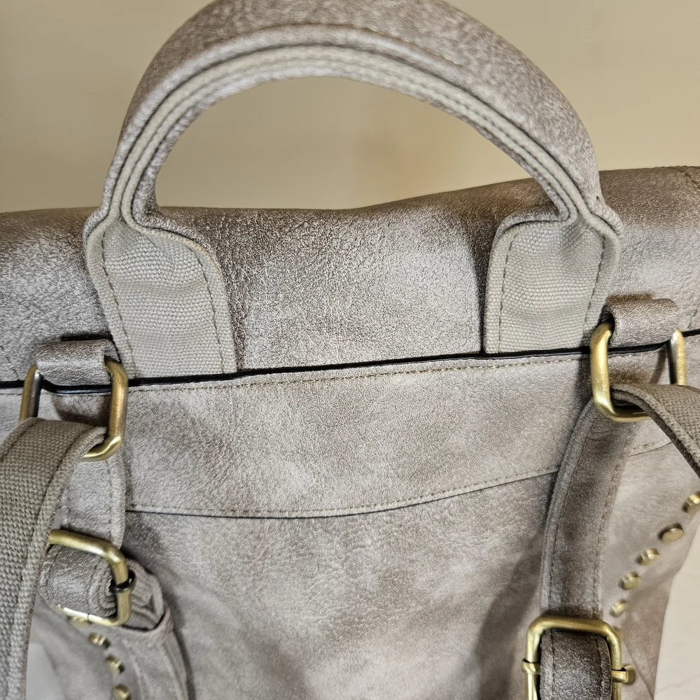 Taupe Faux Suede Studded‎ Flap Backpack